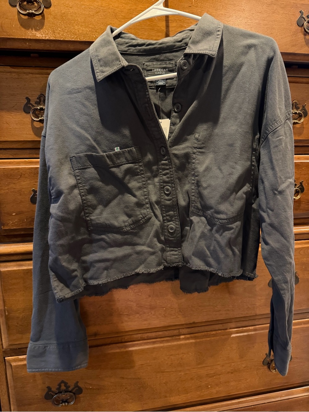 American Eagle Outfitters Cropped Button-Front Utility Jacket - Charcoal